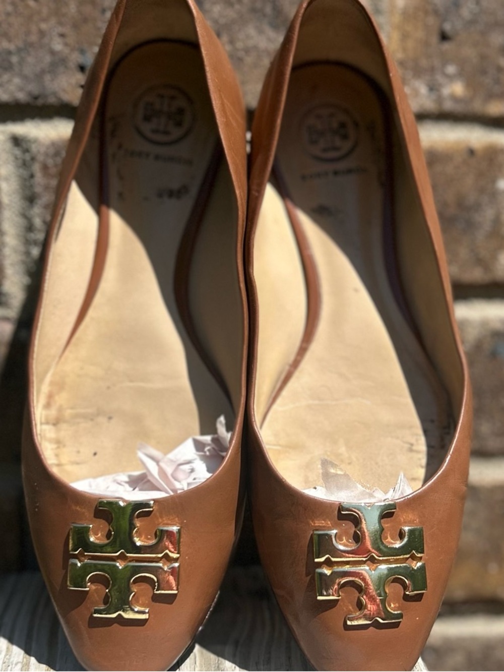 Tory Burch Raleigh Ballet Flats Leather Gold Logo Slip On Size 7.5